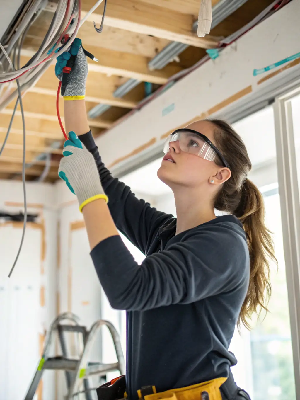 An electrician inspecting wiring in a residential property, emphasizing thoroughness and attention to detail.