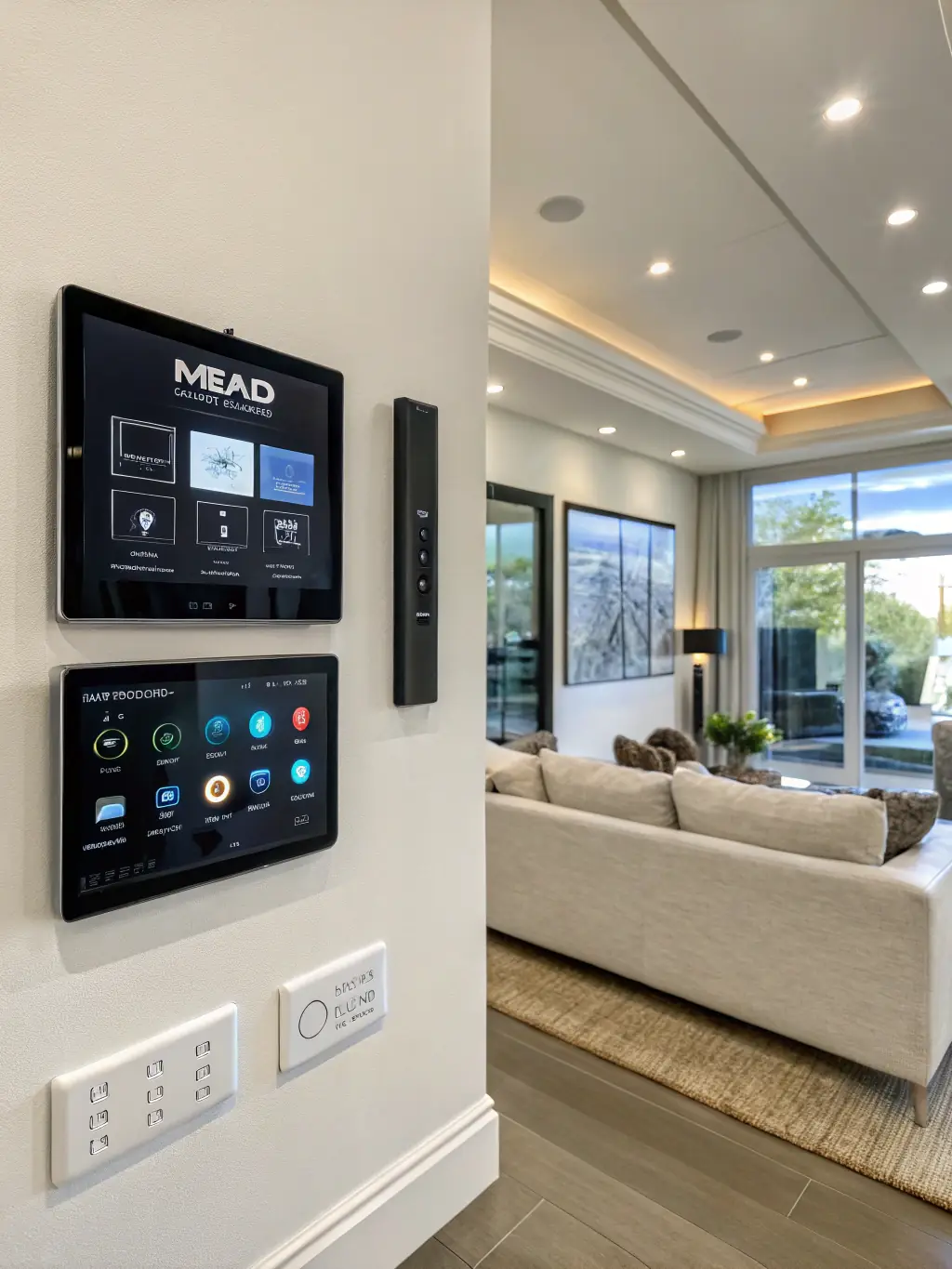 A modern home's interior with recessed lighting and a sleek electrical panel, showcasing safe and efficient residential electrical solutions.