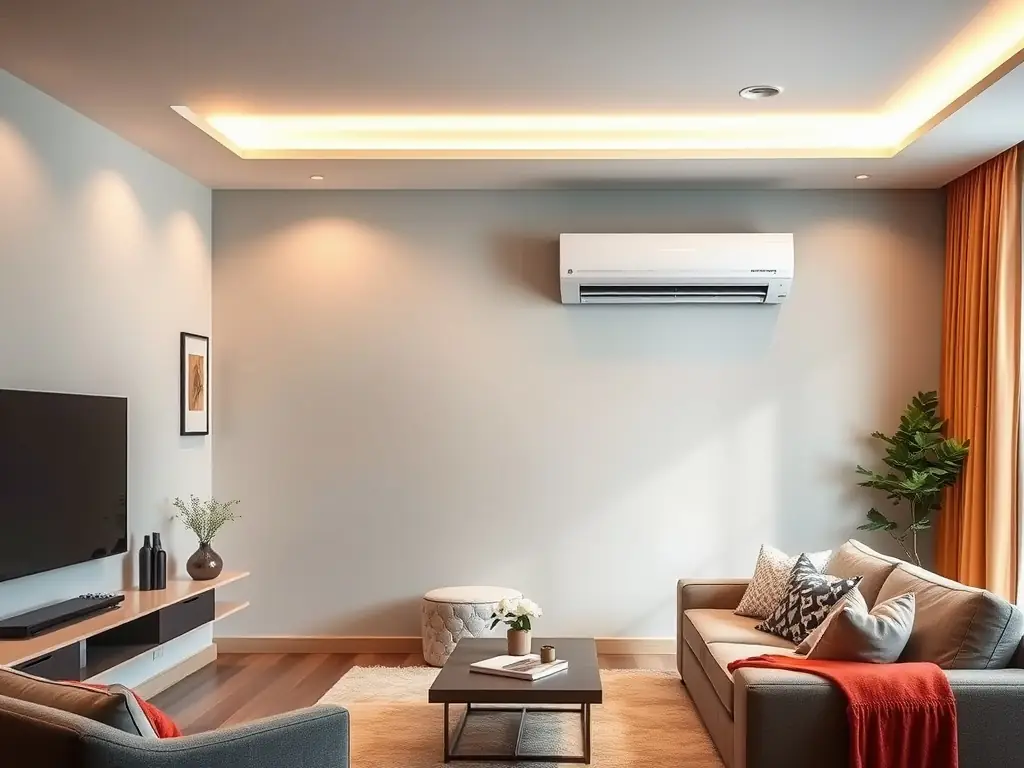 A split air conditioning unit installed in a modern living room, providing efficient and comfortable cooling. The image should convey comfort and energy efficiency.
