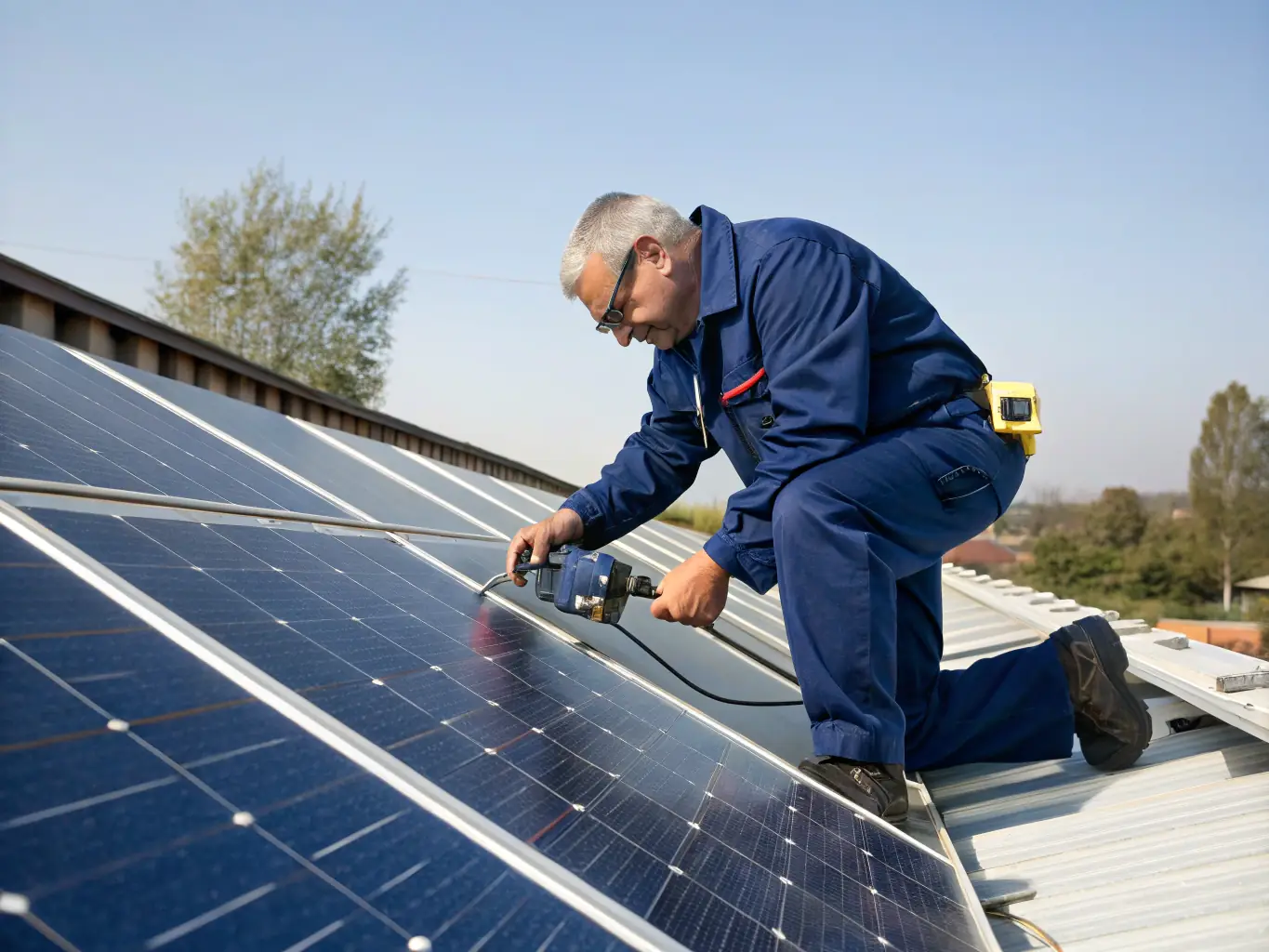 A technician performing maintenance on a solar panel system, ensuring optimal performance and longevity. The image should convey expertise and reliability.