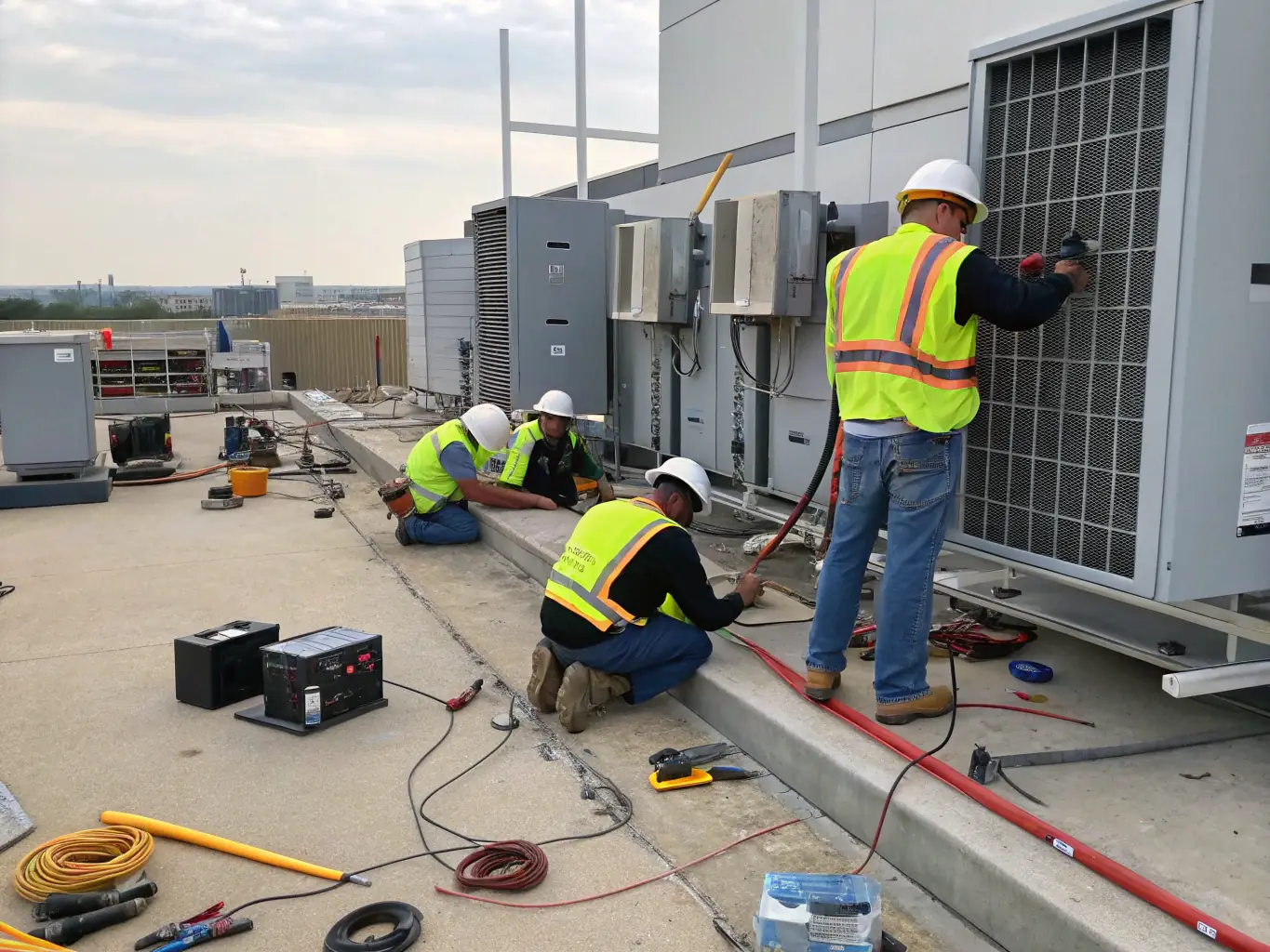 A commercial building with electricians working on the electrical panel, showcasing S&A Electrical Group's expertise in commercial electrical services.