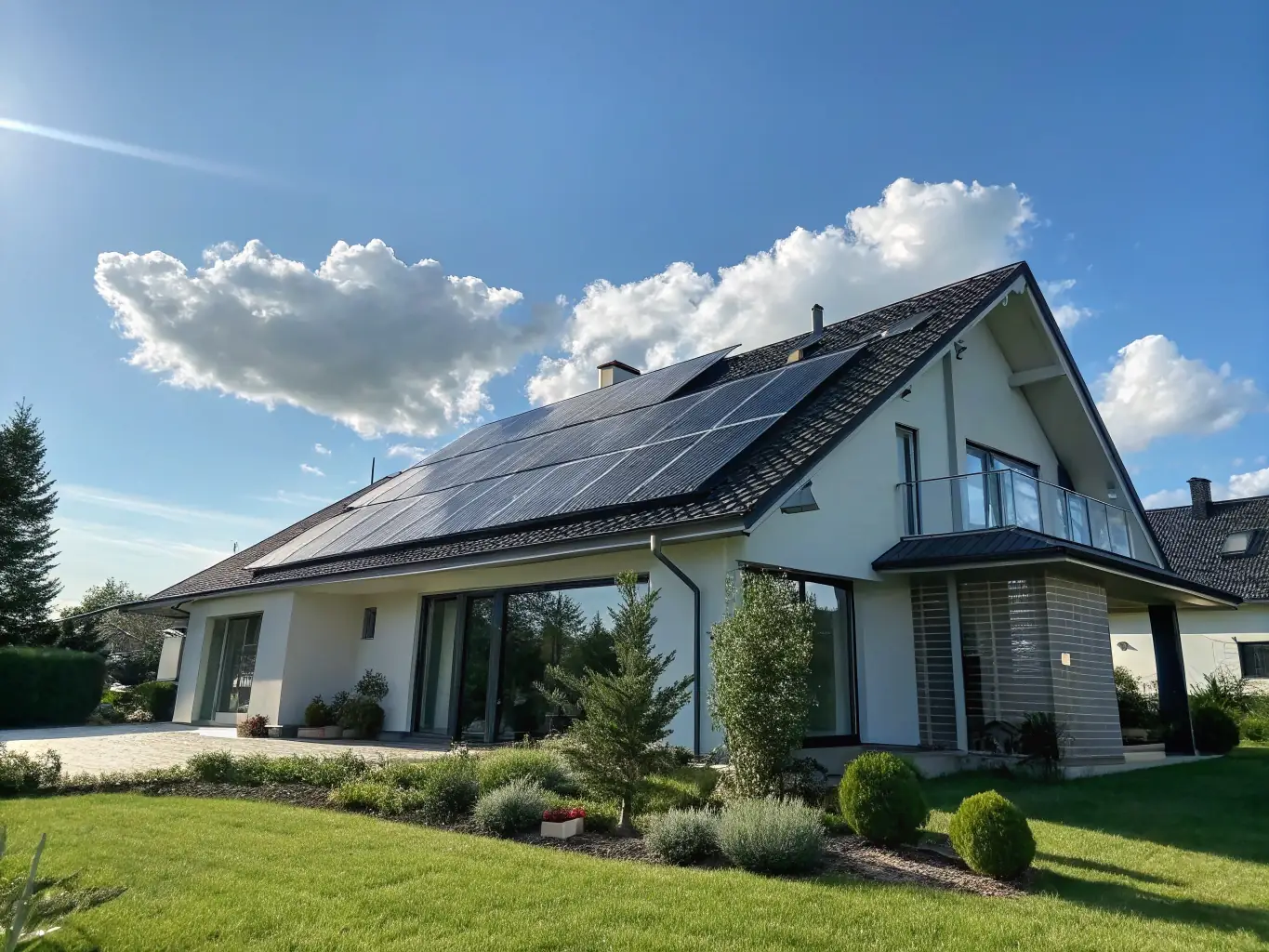 A modern home with solar panels installed on the roof, showcasing a clean and efficient energy solution. The image should convey sustainability and energy savings.